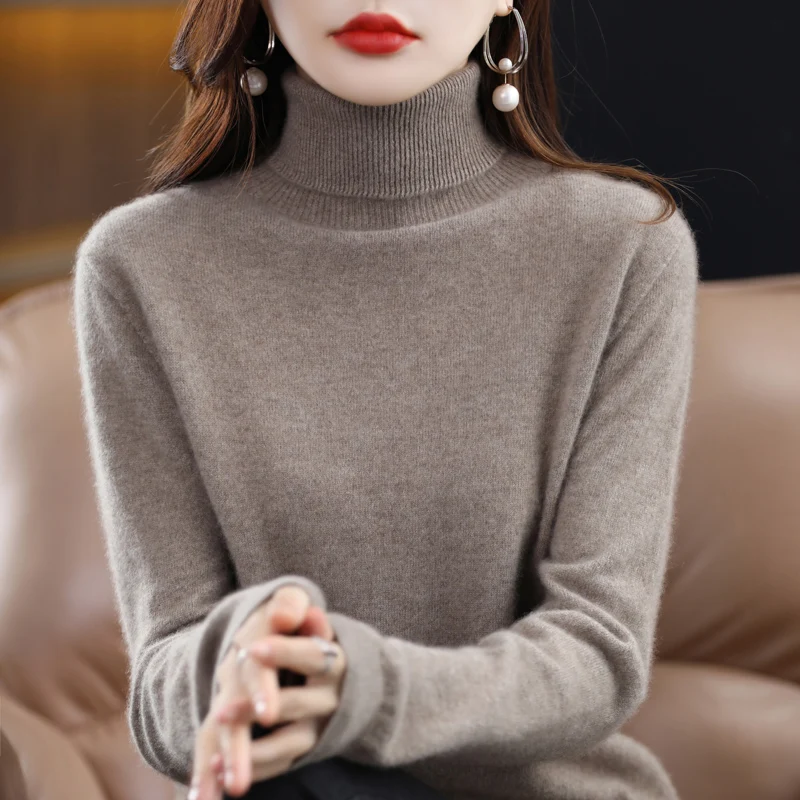 Women's Cashmere Turtleneck 100% Merino Wool Lapel Solid Color Pullover Sweater Autumn/Winter Warm Solid Knit Top