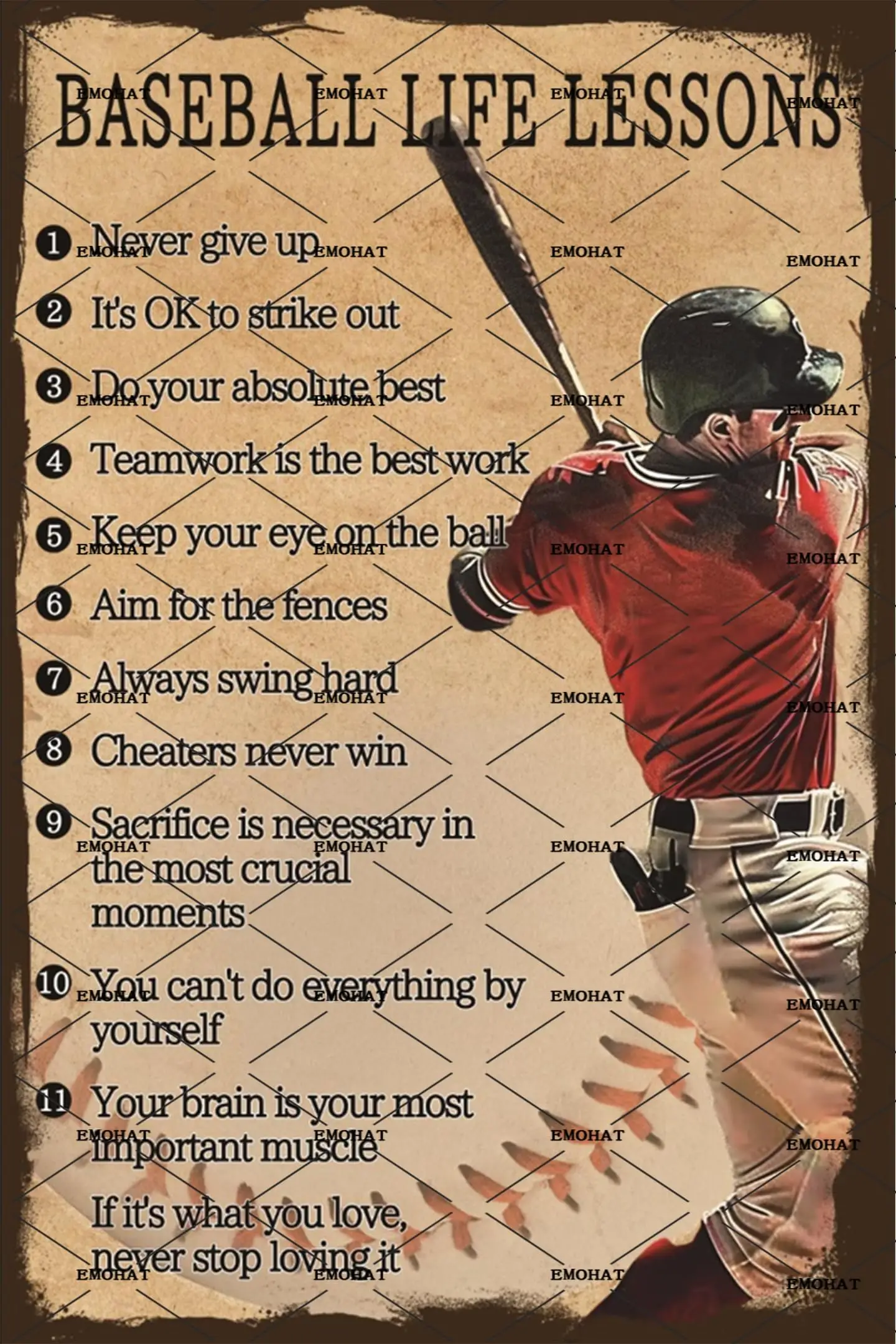 EMOHAT Metal Tin Signs Vintage Baseball Decor Baseball Life Lessons Never Give Up Baseball Sports Posters Home Living Room Garag