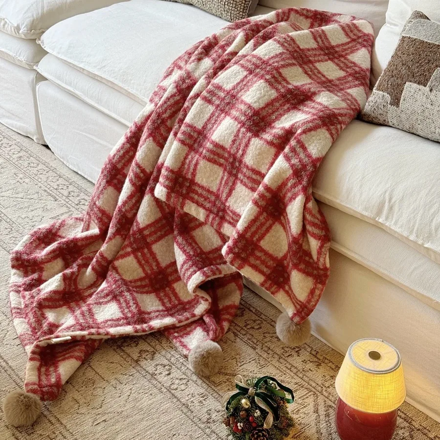 Christmas Plush Blanket with Pom Poms,Red White Checked Faux Lamb Wool Throw for Sofa Soft Blanket Xmas Decor Cozy Home Gift