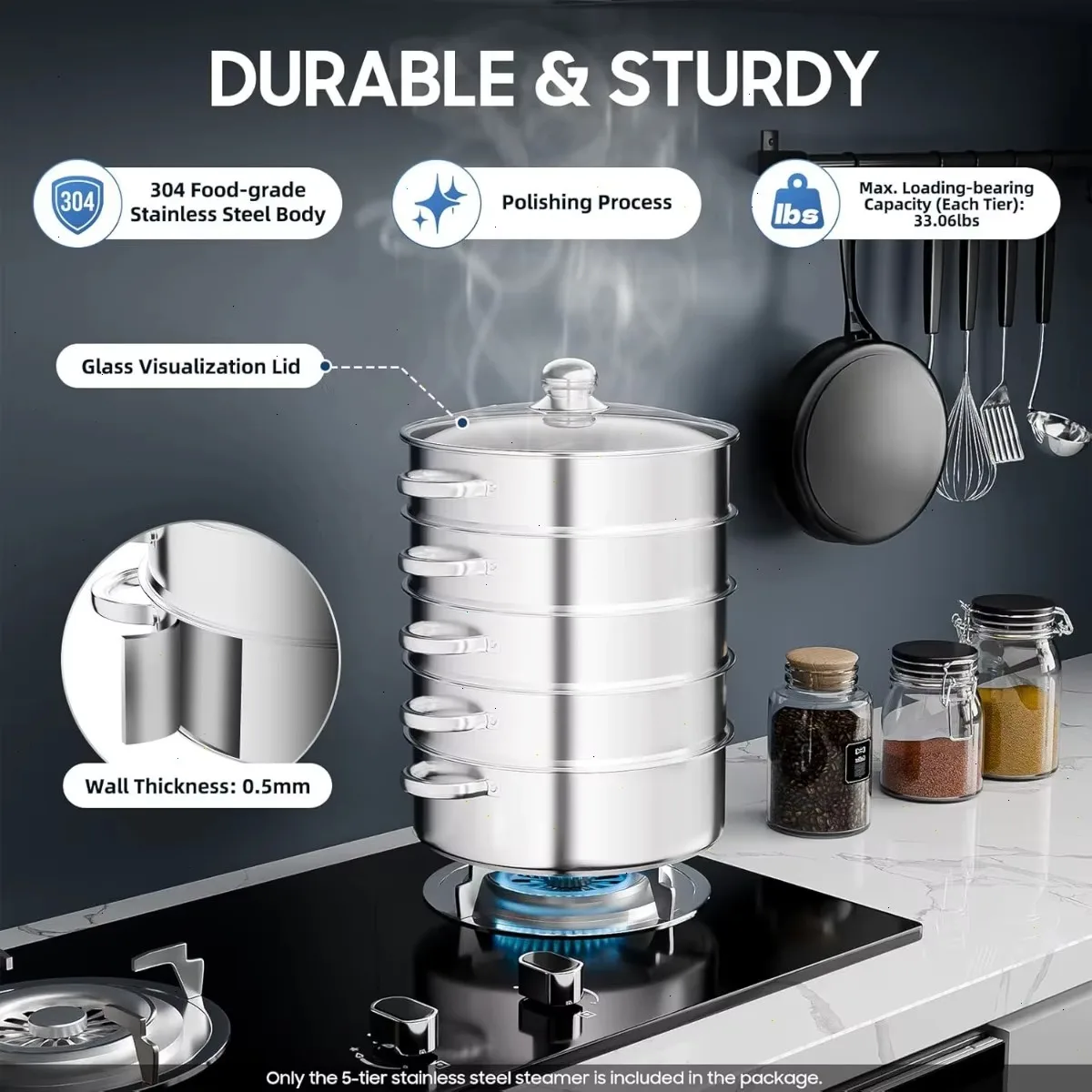 Stainless Steel Steamer, 5-Layer Steamer Pot with Lid, Steam and Boil Simultaneously for Healthy Cooking, Kitchen Cookware ﻿