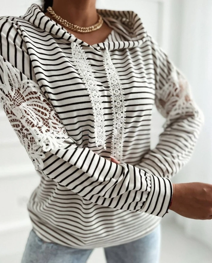 Sweatshirt and Hoodie 2024 Women's Fashion Striped Collar Tie Detail Button Long Sleeve Casual Hot Sale