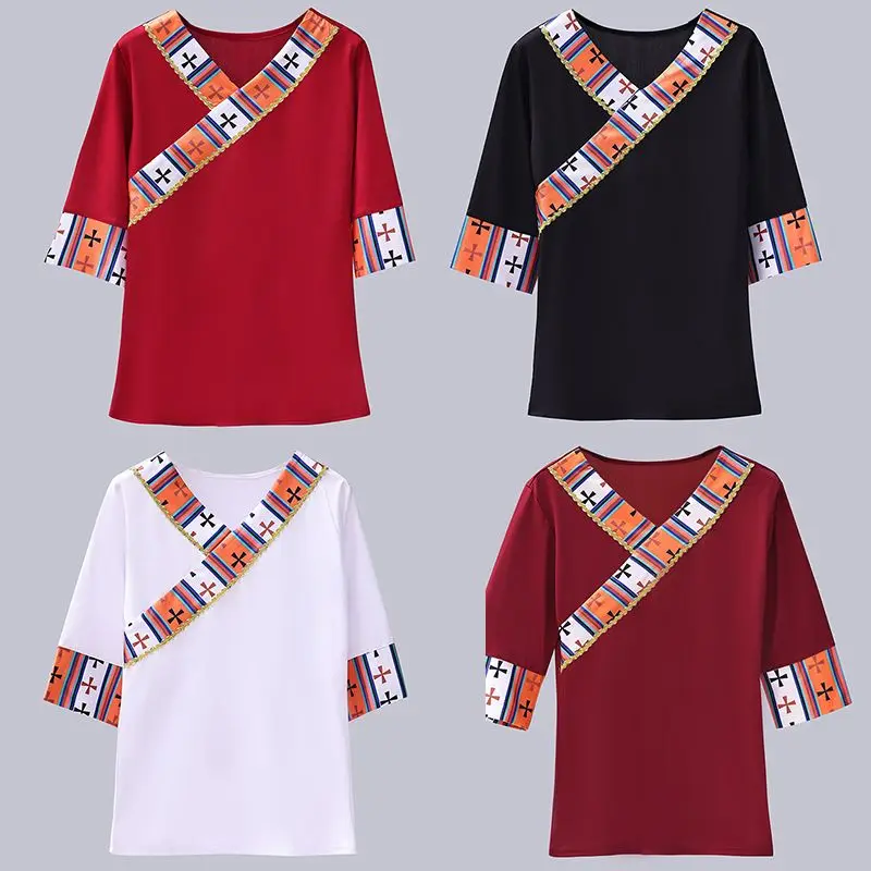 The Zang – hauts de nationalité d'été, vêtements de danseuse de la minorité chinoise, vêtements de Festival élastiques à manches courtes