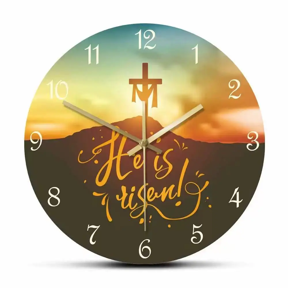 Easter He Is Risen Wall Clock Christian Cross Sunrise Silent Quartz Watch Living Room Church Decor Religious Christian Gift