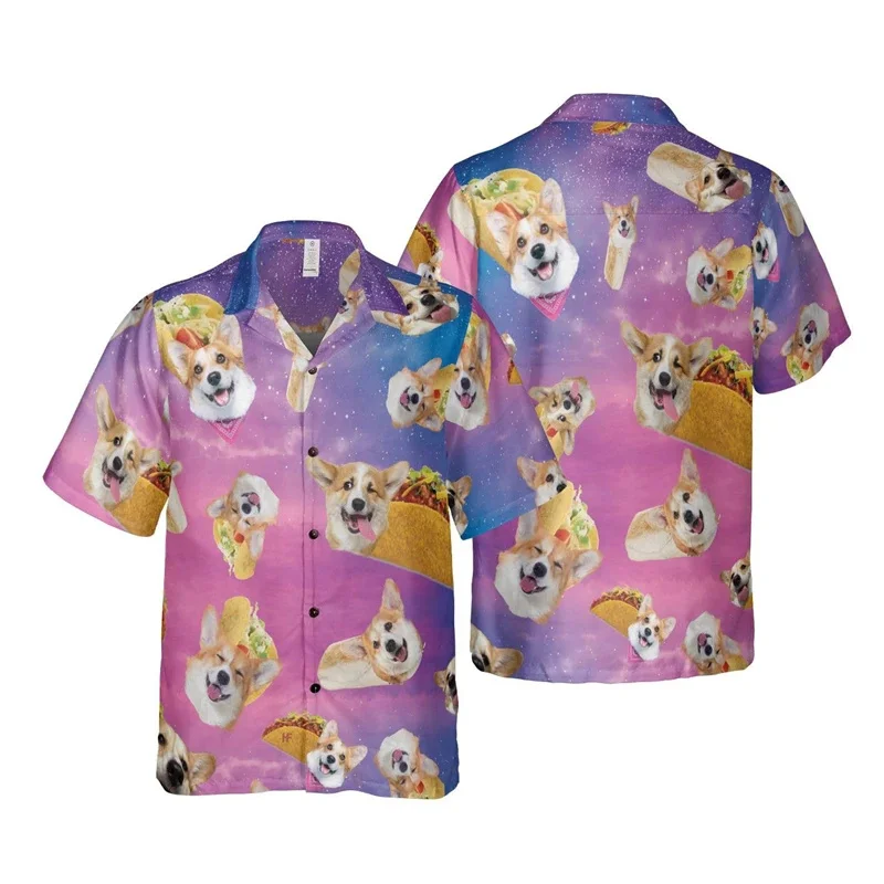 Cute Corgi Pattern Beach Shirt Men Animal Pet Dog 3D Printed Aloha Shirts Short Sleeve Women Blouse Hawaiian Shirts Lapel Tops