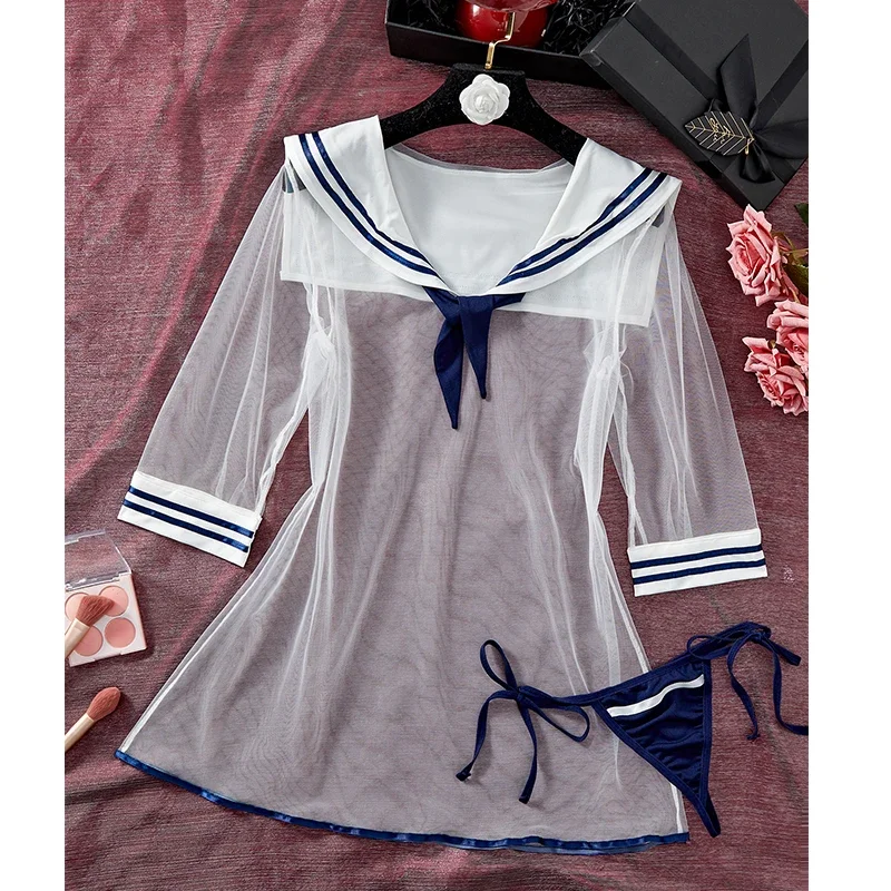 

Women Sexy Lingerie White Mesh Evening Dress Sexy Uniform For Role-playing Games Exotic Costume Long Sleeve See-through Lingerie