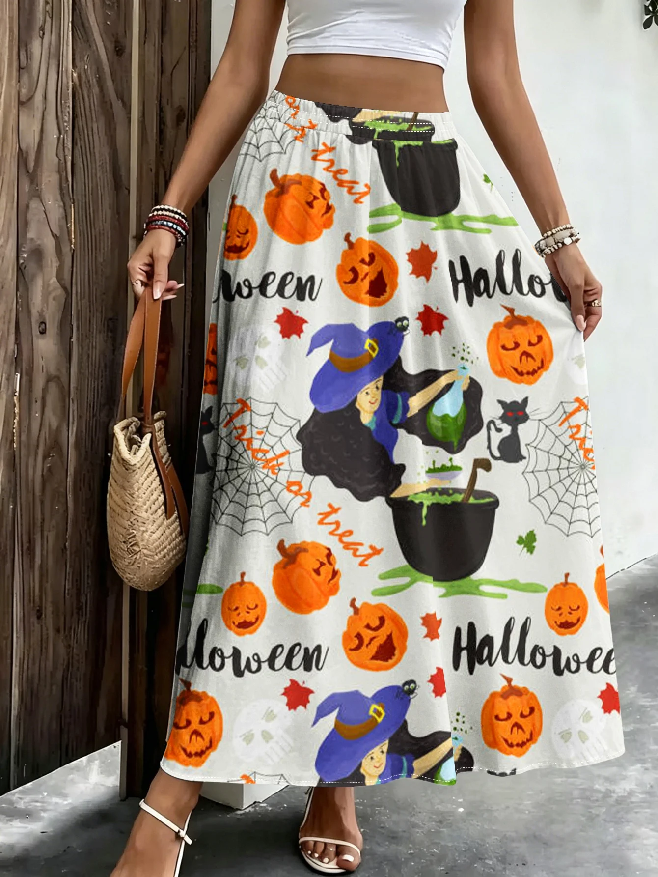 Women's Plus Size Digital Print Maxi Dress with Halloween Themed Witch and Pumpkin Cauldron Pattern