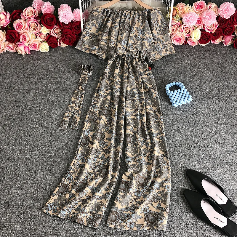 

Print Jumpsuits High Waist Vintage Slash Neck Tops Pullover One Piece Overalls Rompers Wide Leg Pants Casual Pockets Loose