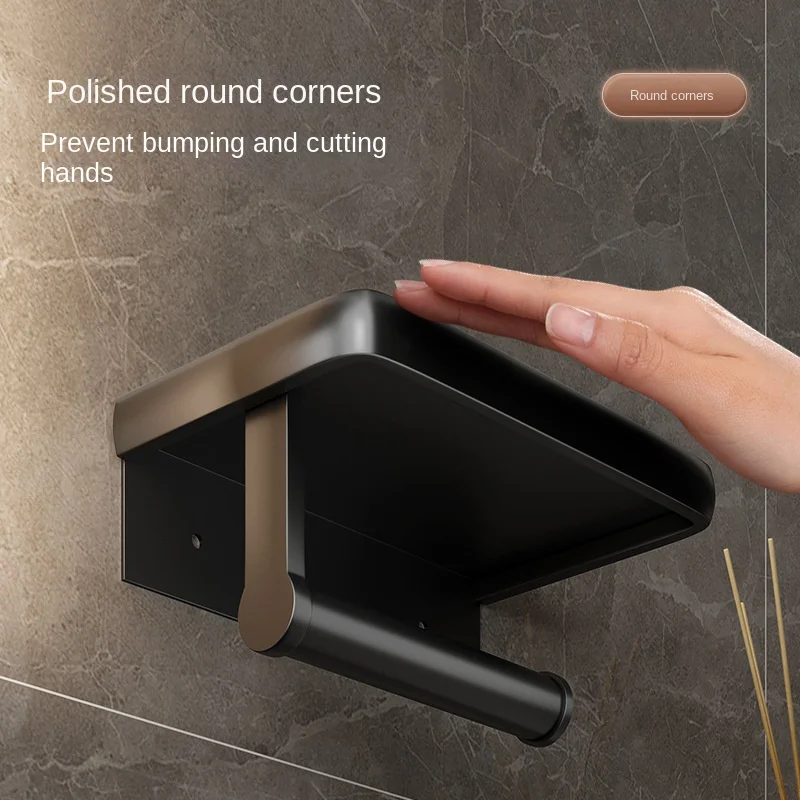 Aluminium Black Toilet Paper Holder Bathroom Phone Storage Paper Dispenser Roll Paper Holder Wall Mounted Bathroom Shelve WB8233