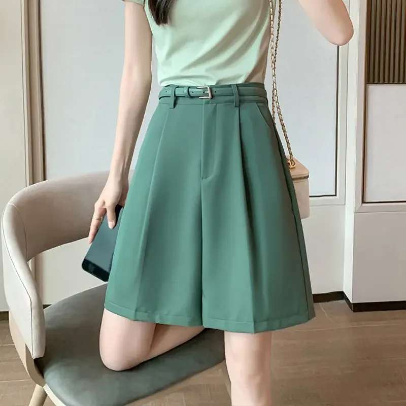 

Women Summer High Waist Business Casual Elegant Suit Shorts Korean Fashion Loose Straight Wide Leg Knee-length Short Pants LJ433