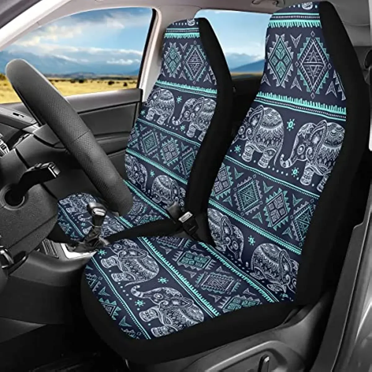 Seat Protector Carseat African Tribal Ornament Elephant Vintage Graphic Vector Lotus Ethnic Universal Automotive Seat Cov