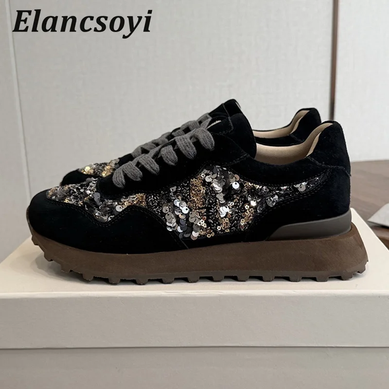 Casual Sneakers Women's Spring Autumn String Bead Sequins Lace Up Flat Shoes Round Toe Patchwork Thick Bottom Daddy Shoes