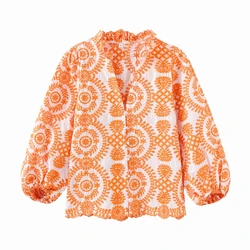 Women Blouse Shirt Ruffled Colllar V-neck Orange Top Wear Female's Clothing