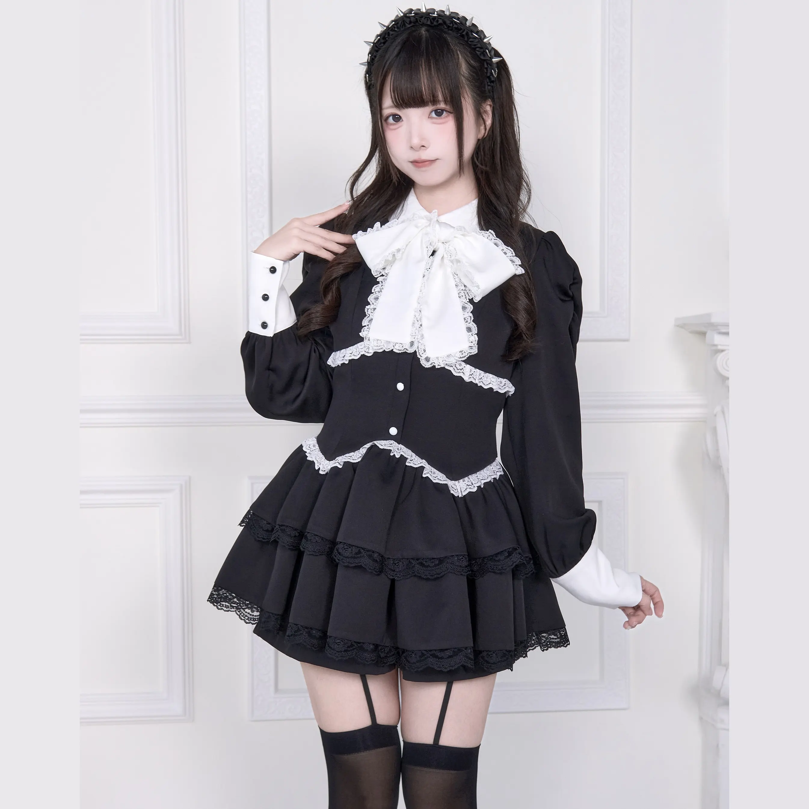 Gothic Sweet Black White Contrast Lolita Mini Dress White Lace Big Bow Puff Long Sleeve Tiered Lace Ruffle Short Dress