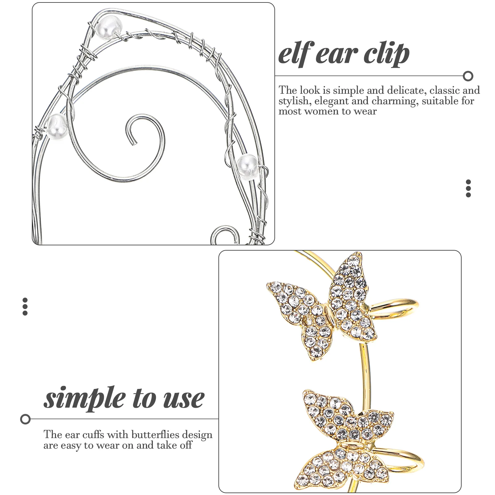 

Butterfly Elf Cuff Earrings For Women Clip On No Piercing Rhinestone Ear Clips Lightweight Fashion Accessories Graduation