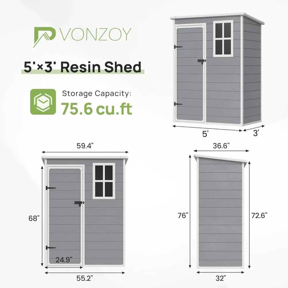 Waterproof Tool Sheds&Outdoor Storage, Outdoor Resin Storage Shed, 5x3FT Plastic Storage Sheds with Floor, Lockable Door, Window