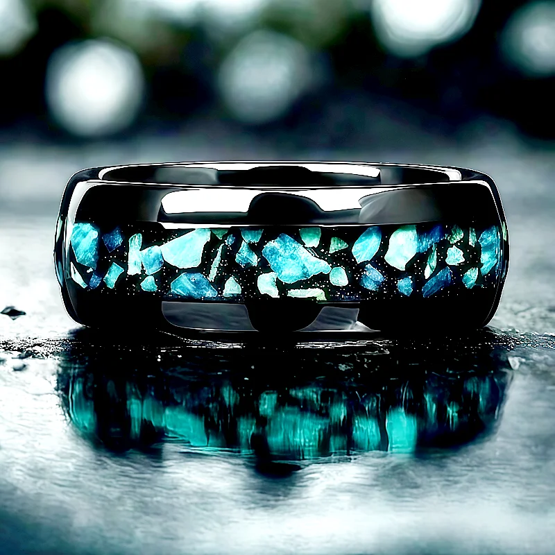 Nebula Wedding Ring Black Ring Polished Dome Promise Ring 8mm Men's Green Synthetic Opal Stainless Steel Ring