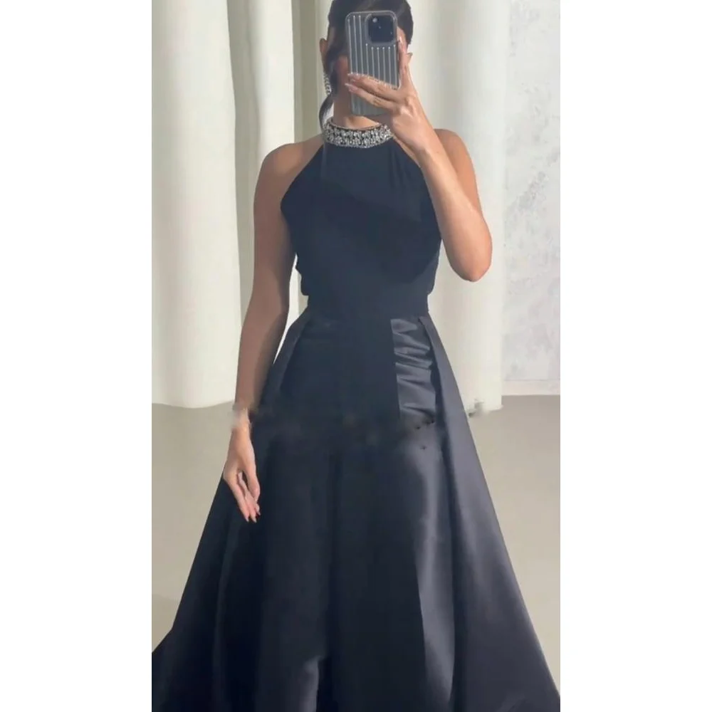 

Customized Elegant Crystal High Neck Evening Dresses Black Satin A-line Party Dresses Open Back Long Prom Dress