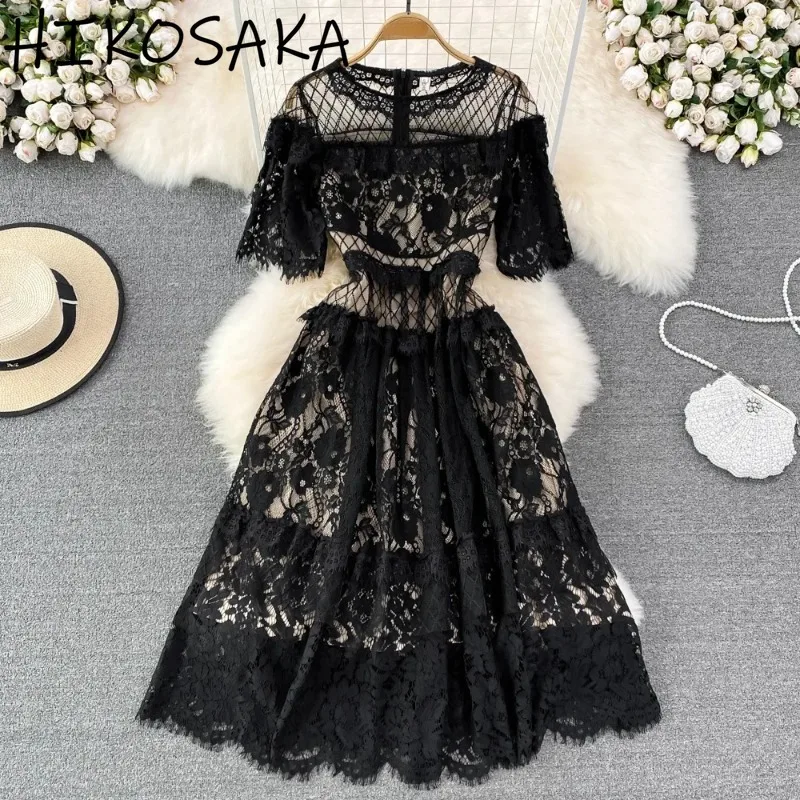 Sexy Femininos Lace Hollow Out Hook Flower Black Dress O-neck Short Sleeve Slim A-line Roeb Female 2024 New Elegant Vestidos