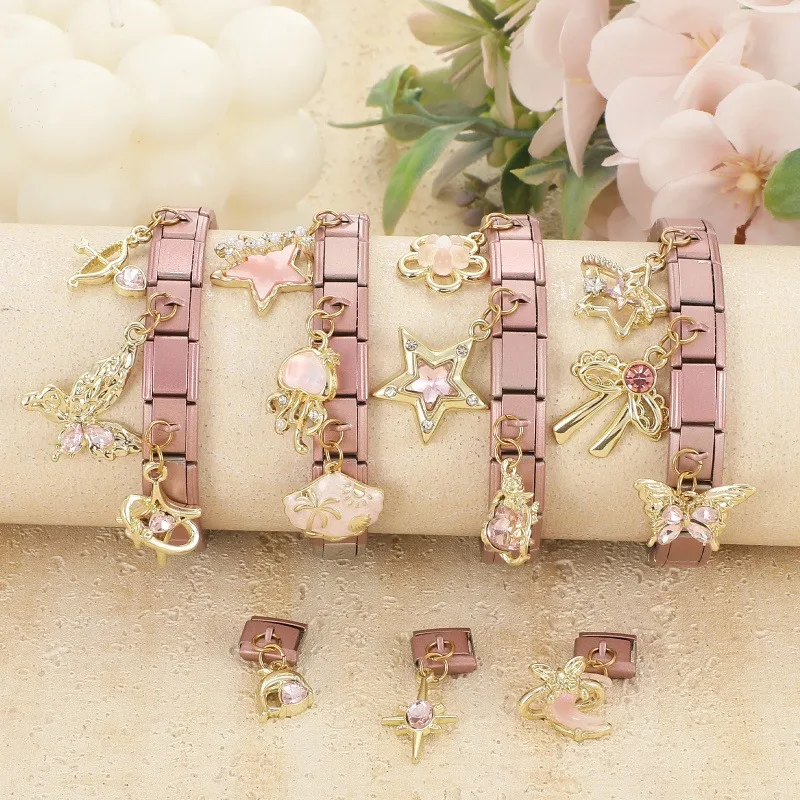Zircon Crystal Butterfly Shell Bow Star Moon Jellyfish Pendant Italian Pink Charms Fit 9MM Stainless Steel Bracelet DIY Making
