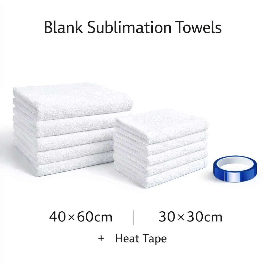 10PCS White Towel Set 40×60cm & 30×30cm with Heat Resistant Tape, Blank Sublimation Towels for Bathroom, Kitchen & Home Use