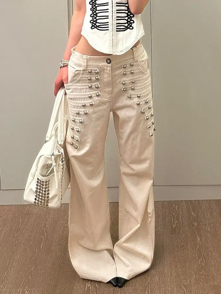 GG American Retro Metal Buckle Design Jeans for Women Y2K New Gothic Street Loose Wide-Leg Floor Mopping Pants