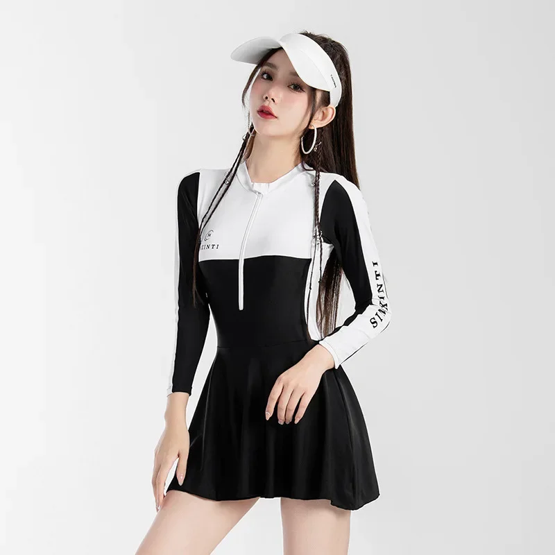 

2024 New Long Sleeve Swimsuit Women One Piece Rash Guards Surf Suits Sport Zipper Swimwear Monokini Bath Dress Swimming Wear