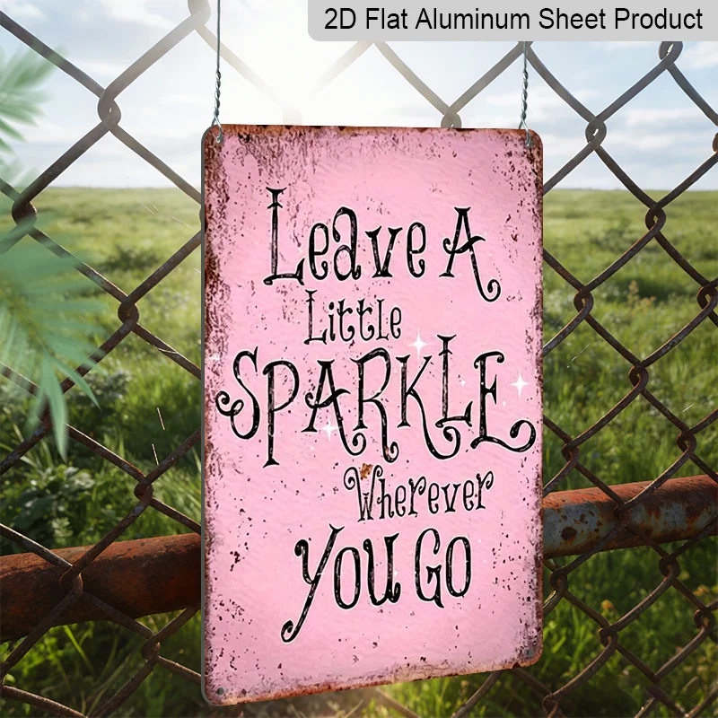 Pink Glitter 'Leave Little Sparkle Wherever You Go' Metal Wall Sign - Retro Inspirational Quote Wall Hanging Plaque with Glitter