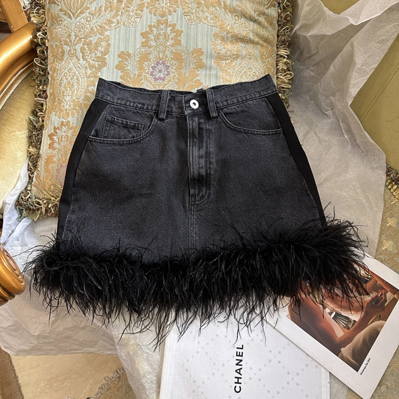 Fashion Women's Denim Skirt High Waist Streetwear New Trendy Patchwork Black Feather A-line Skirts S3712