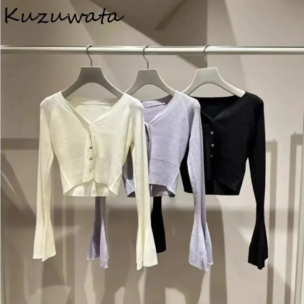 Kuzuwata New Sweet V Neck Flare Sleeve All-match Cardigan Slim Single Breasted Knit Gentle Sweaters Japan Fresh Elegant Knitted