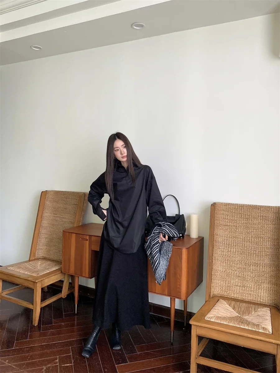 

Design Sensation Pure Color Свободный крой с воротником-стойкой Женский повседневный хлопковый топ с длинным свеком на осень-зиму