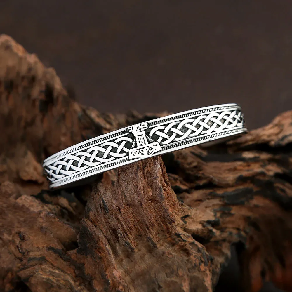 Viking Rune Thor Hammer Stainless Steel Open Bangle Celtic Knot Valknut Bracelet Nordic Mythology Amulet Fashion Jewelry Unisex