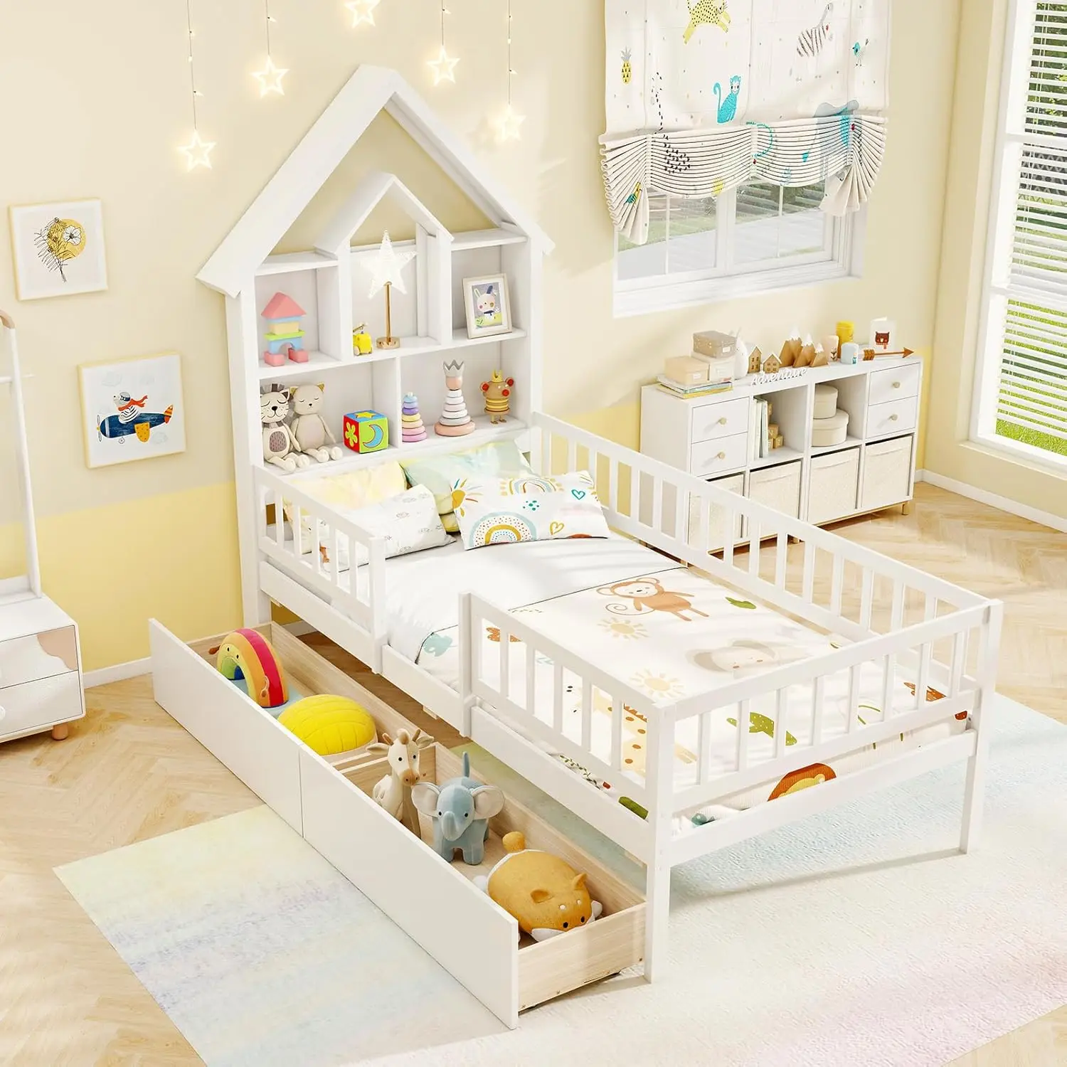 

Twin House Bed with 2 Storage Drawers, Solid Wood Montessori Bed with House-Shaped Headboard, No Box Spring Needed, Kids Bed