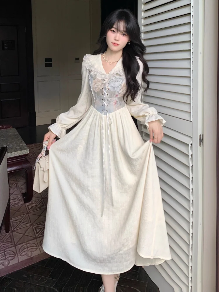 フレンチエレガントなレースウエディングドレスの女性の秋長袖スリム A ライン Vestidos ヴィンテージとシックなイブニングパーティードレス Mujer