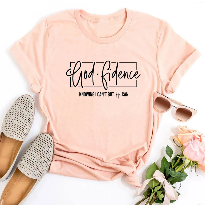 God Fidence Knowing I Can\'t But He Can Shirt Christian Tee Religious Shirts Faith T-shirt Church Women Tops Jesus Christ Tees