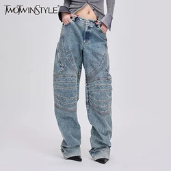 TWOTWINSTYLE Patchwork Folds Jeans For Women High Waist Spliced Pockets Do Old Loose Denim Pant Female Fashion Clothing 2024 New