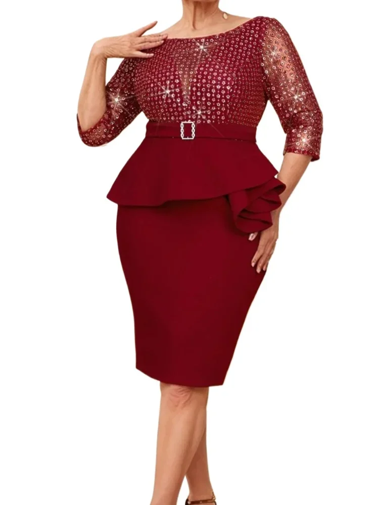 Dashiki African Dresses for Women Wedding Guest Dresses Plus Size Three Quarter Sleeve Banquet Ruffle Dresses Burgundy Color