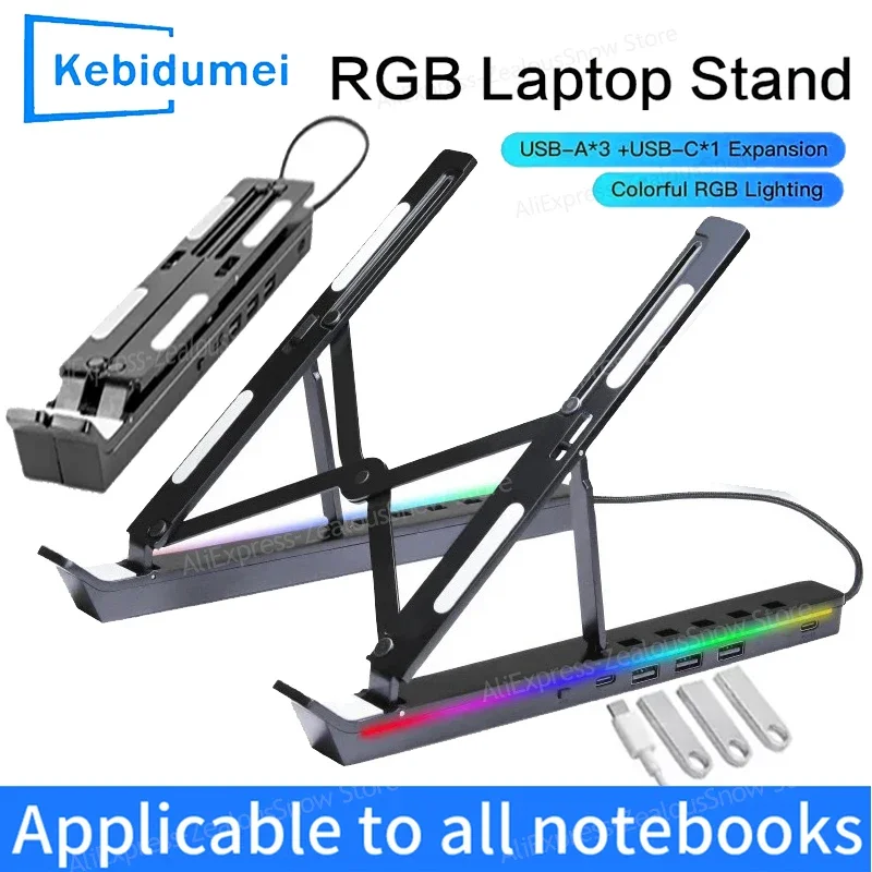 Suporte dobrável para laptop kebidumei 4 em 1, usb, rgb, suporte portátil para notebook, base de suporte, liga de alumínio, para macbook, pc