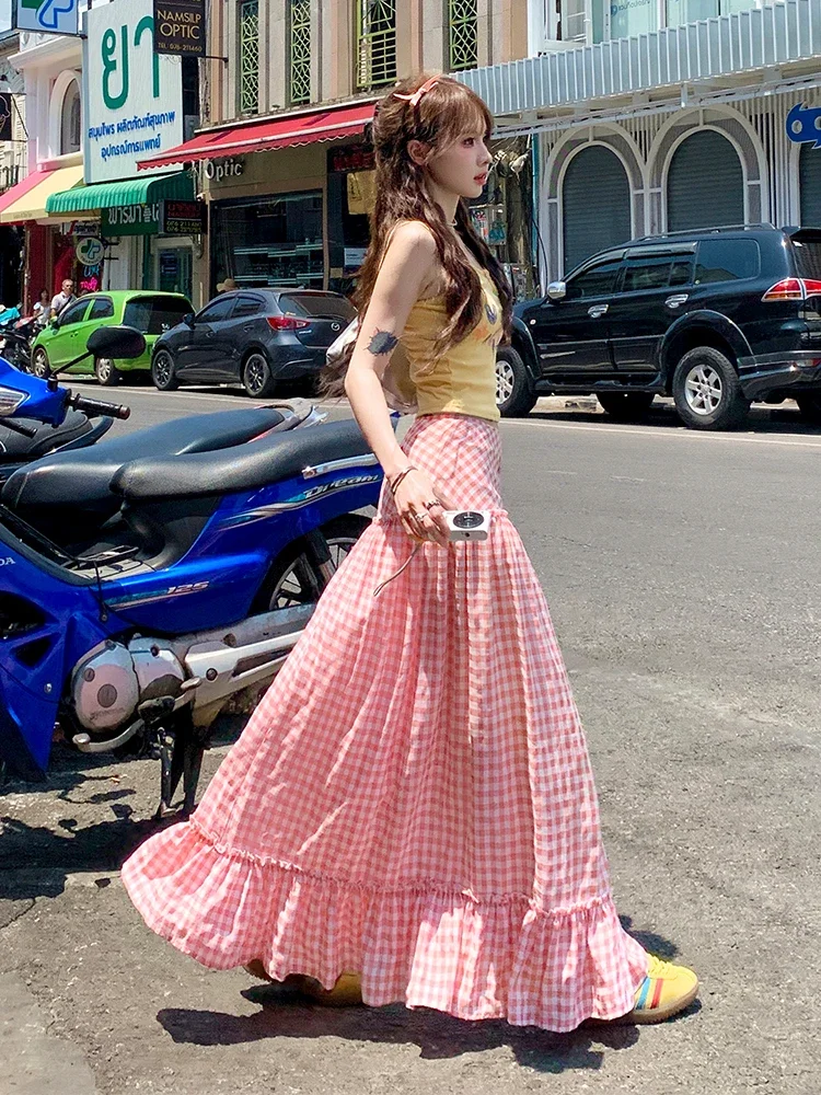 Saliency-Falda Vintage a cuadros rosa Oni de dopamina para mujer, falda por debajo de la rodilla drapeada de cintura alta, paraguas grande, estilo coreano Y2k