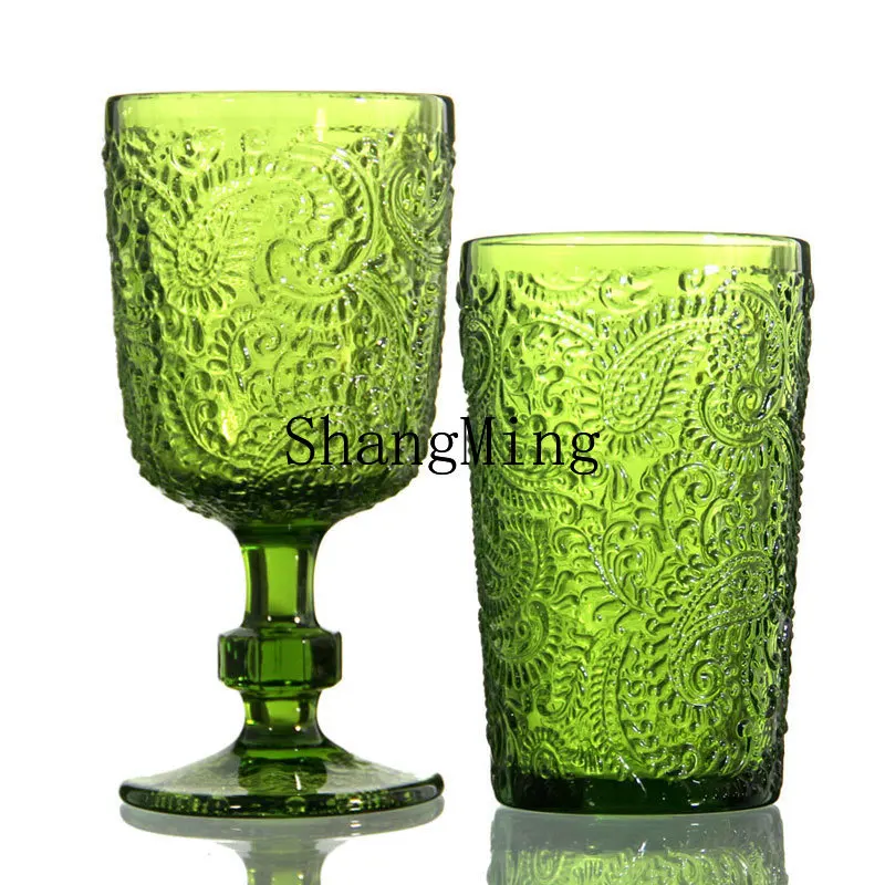 

PYH Vintage Wine Glass Pressed Thickened Green Material Glass Wave Chinese Design Style Creative Red Wine Glass