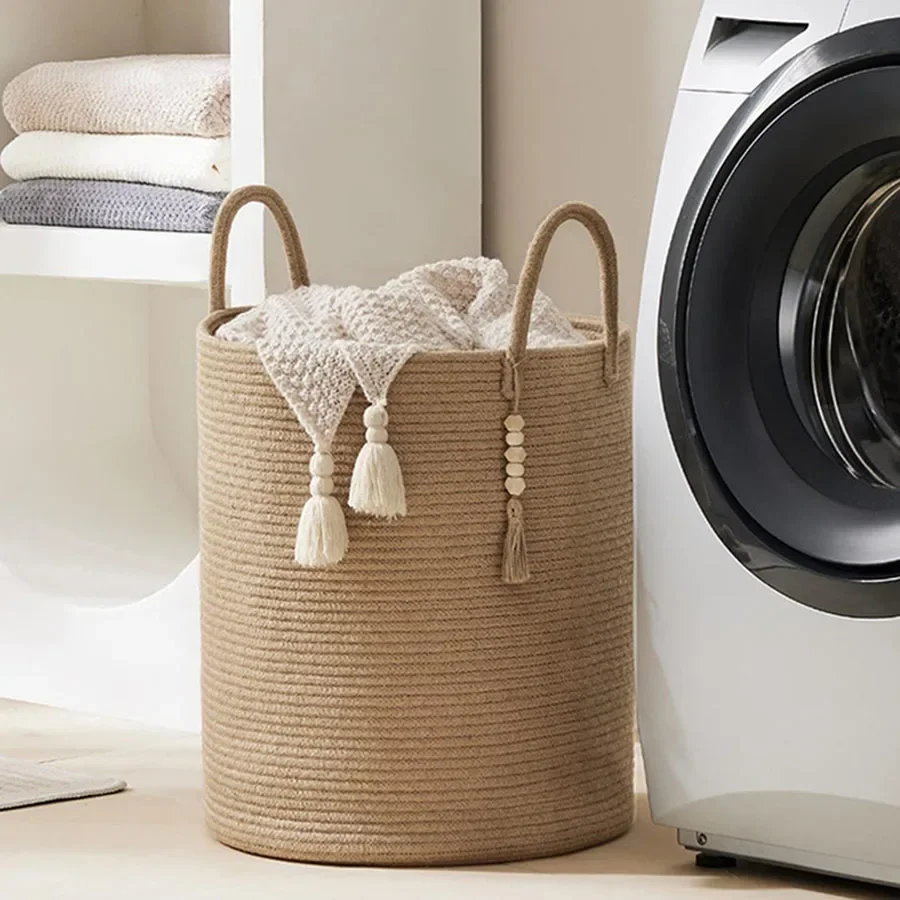 Large Storage Basket Tall Woven Decorative Laundry Hamper with Handles Foldable Cotton Rope for Clothes Kids Toys Living Room