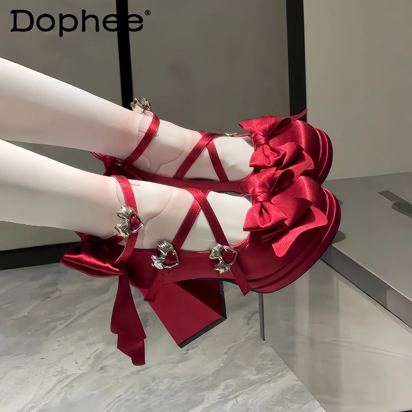 

Original Lolita Sweet Red High Heels Spring and Autumn 2025 Women's Cute Bow Satin Cos Platform Shoes Princess Tea Party Pumps