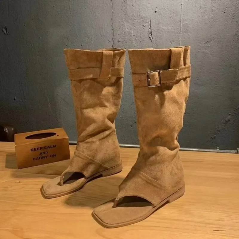 Hot Girls Khaki Black Suede Square Clip Toe altezza interna che aumenta la fibbia della cintura per il tempo libero stivali alti al ginocchio scarpe