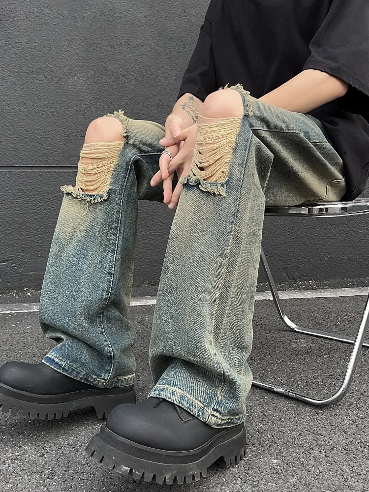 

Men's Summer Thin Denim Jeans Tear Sle Drapey Loose Straight Leg Jeans Versatile Long Trousers Casual Wear for Teens
