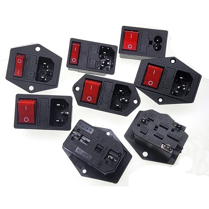 AC-01 AC-14-F16A F18 F16B F15 F16C DB-8-8 Integral Red Light 10A250VAC Power Switch IEC 320 C14 Inlet Socket 3pin Connector Plug