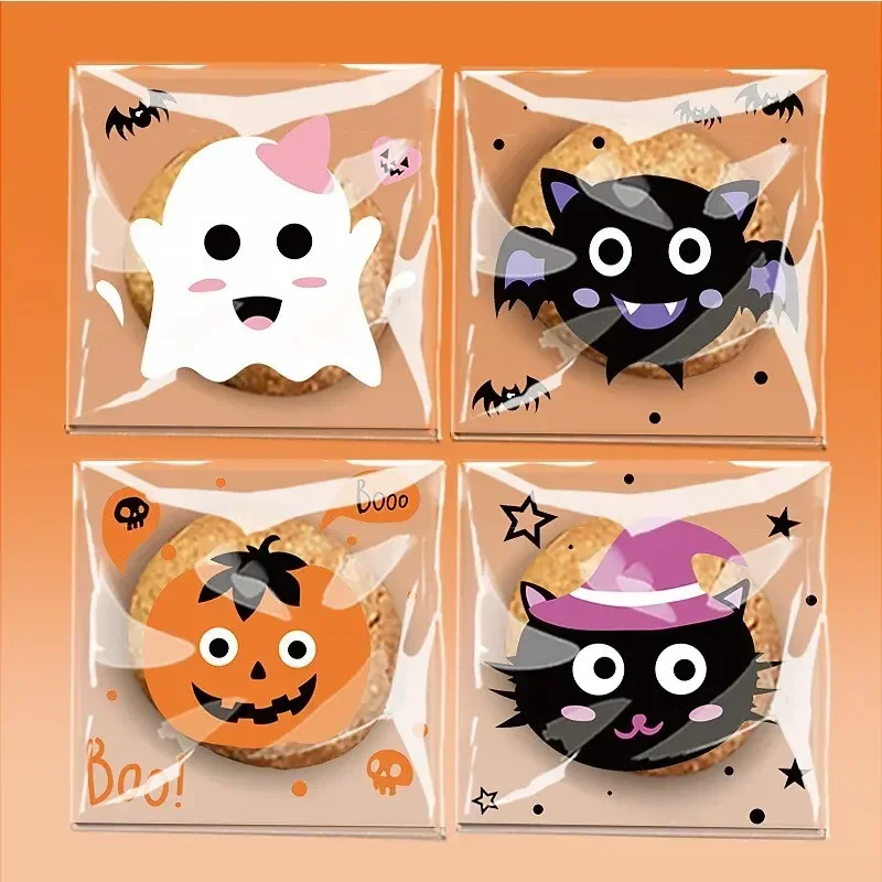 100Pcs Halloween Plastic Candy Cookies Gift Bag Self Adhesive Snack Wrap Bag Halloween Party Decorations Supplies Kids Gifts