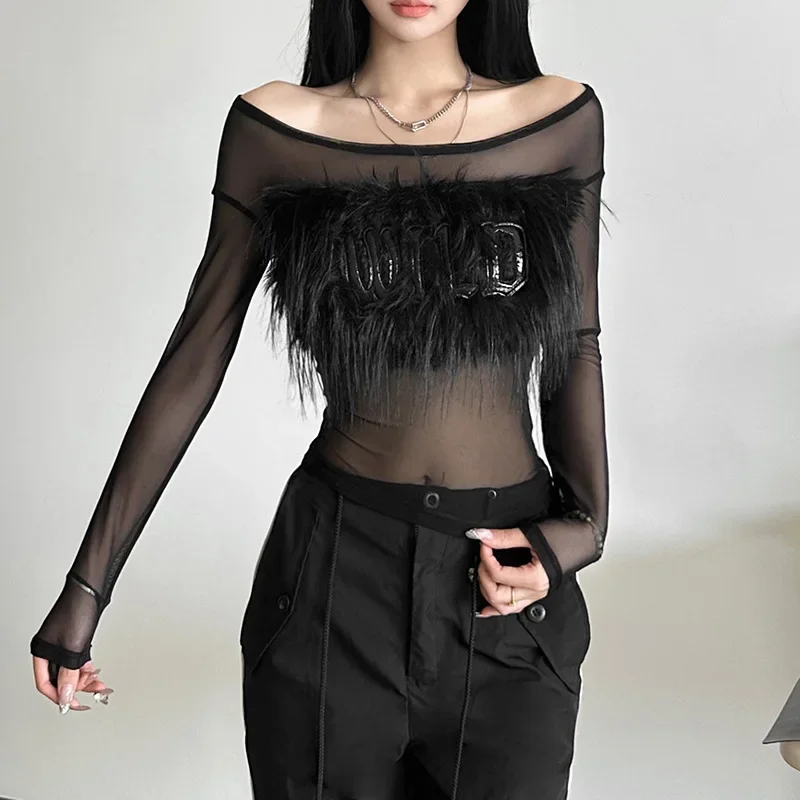 E-girl Fashion Mesh Transparent Slash Neck Crop Tops Fairycore Feather Women Slim Sheer Tops Cyber Y2K Street T Shirts