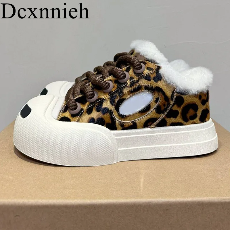 Flat Thick Sole Fur Casual Shoes Women Leopord Lacing Patchwork Platform Shoes Winter Warm Wool Lining Anti slip Walking Shoes