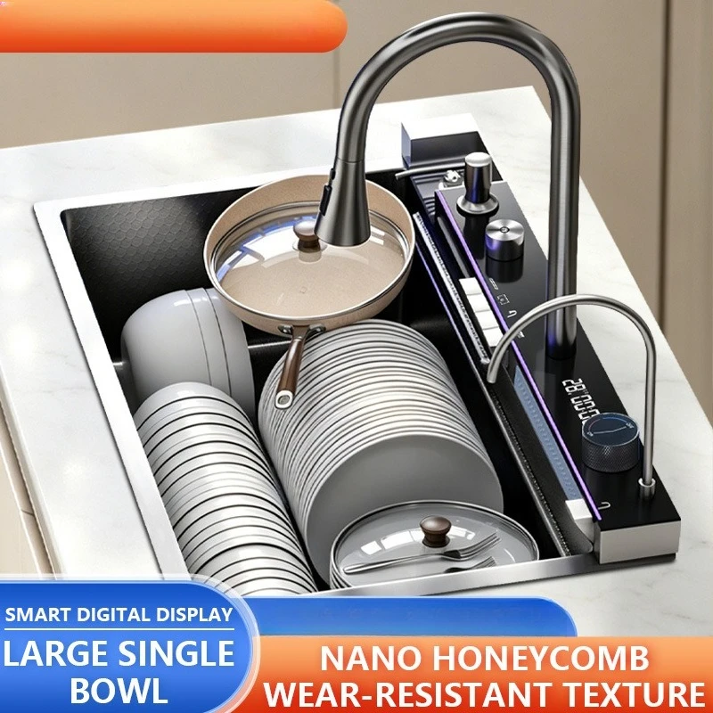 Multifunctional Waterfall Stainless Steel Kitchen Sink Digital Display Nano‑Coated Single Bowl Sink With Pull‑Out Faucet