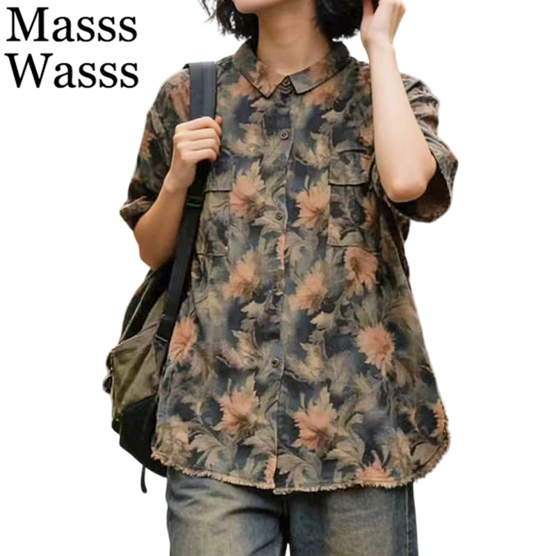

Masss Wasss 2026 Summer Classic Luxury Shirts Womens Korean Design Loose Cotton Linen Tops Ladies Fashion Vintage Floral Blouses