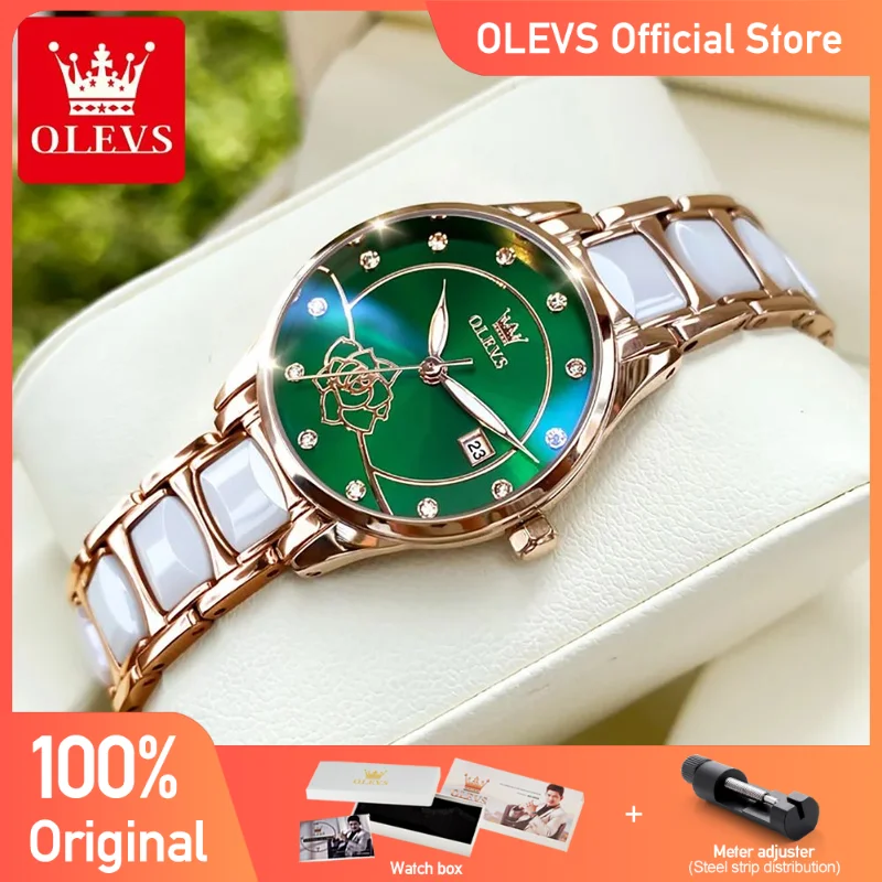 OLEVS Luxury Women Watch Camellia Quartz Japan Movement 30M Waterproof Watch For Women Ceramics Women Wristwatch